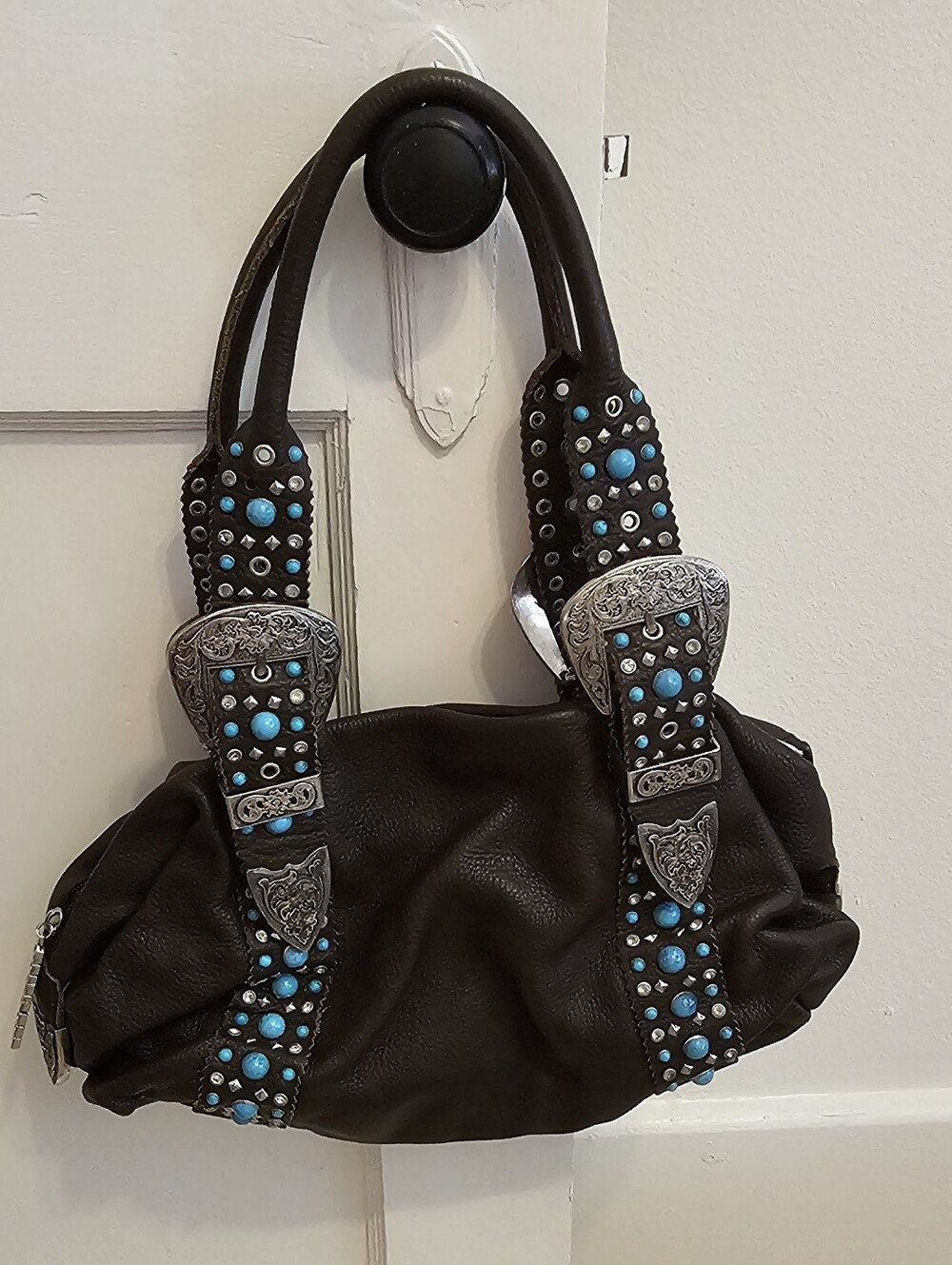 CHARM AND LUCK BLACK LEATHER HANDBAG RHINESTONES &TURQUOISE STUDDED SHOULDER BAG